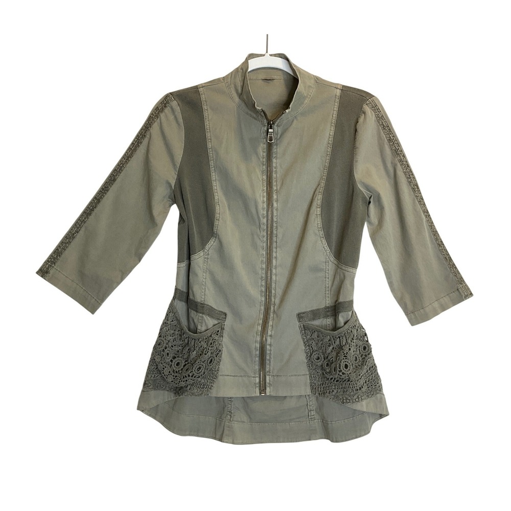 XCVI Army Green Full Zip Jacket Crochet Pockets Ribbed Details Grunge S